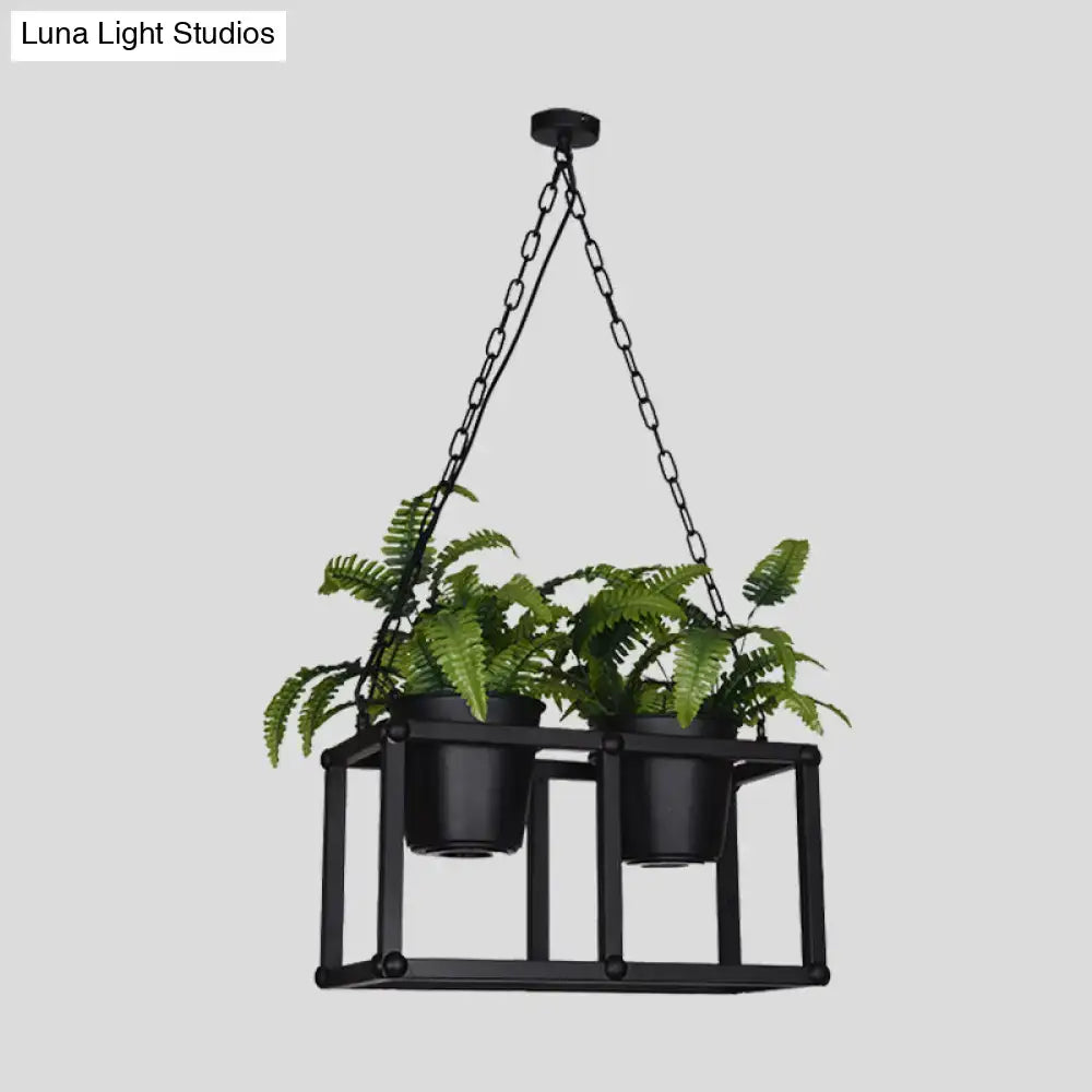 Black metal industrial rectangle island light fixture featuring a hanging planter with two green ferns in black pots