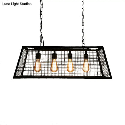 Decorbites vintage black metal pendant lamp with trapezoid cage and four amber filament bulbs for island pendant lamp use