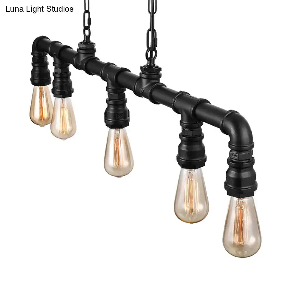 DecorBites™ farmhouse style black metal island pendant light with five exposed filament bulbs and industrial metal fixture