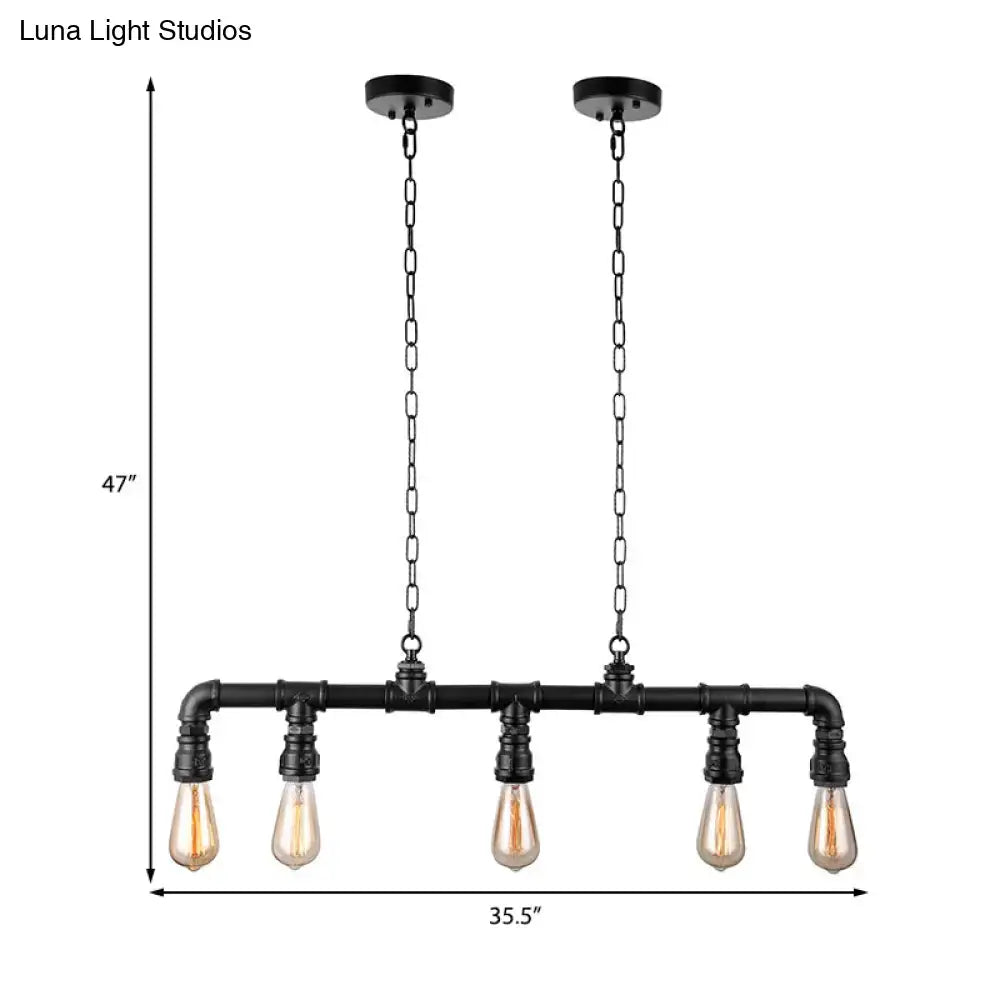 DecorBites™ farmhouse style industrial island pendant light with five exposed filament bulbs in black metal fixture
