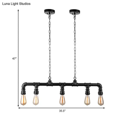 DecorBites™ farmhouse style industrial island pendant light with five exposed filament bulbs in black metal fixture