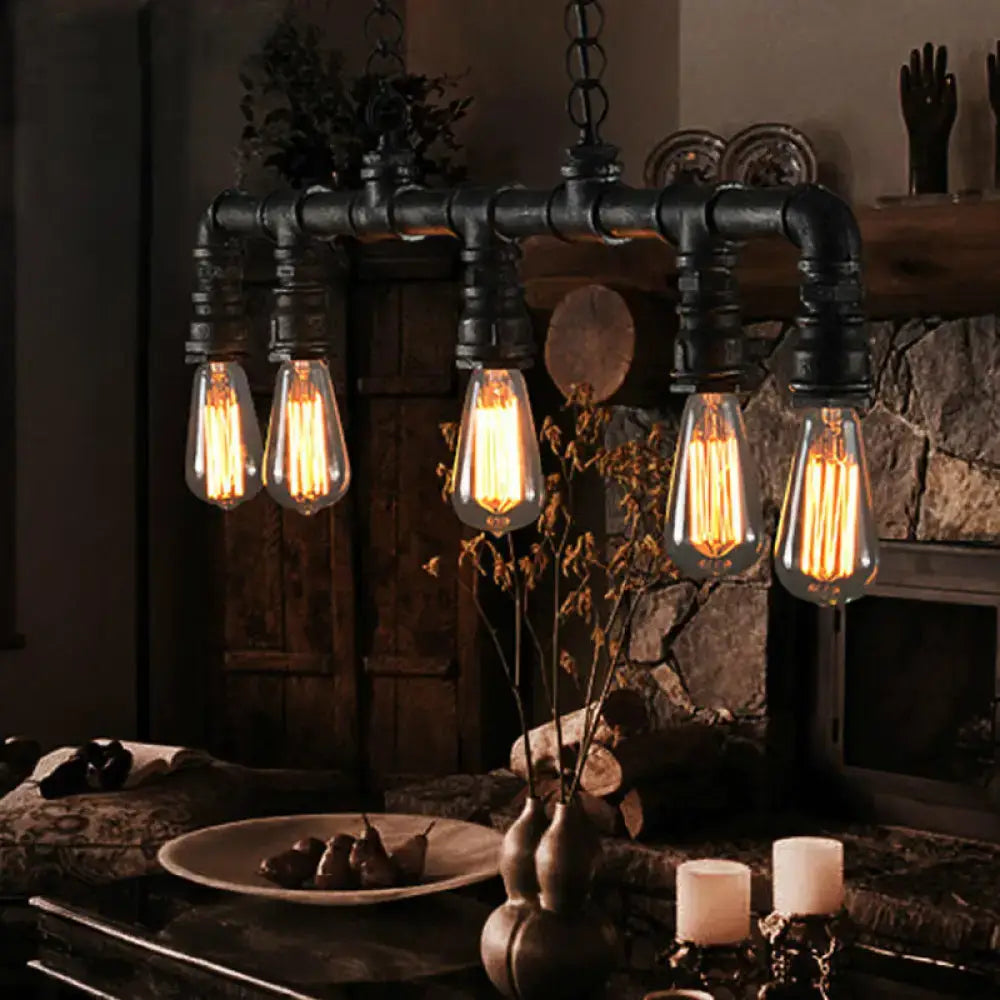 DecorBites™ farmhouse style island pendant light with five glowing bulbs black metal industrial pipe fixture