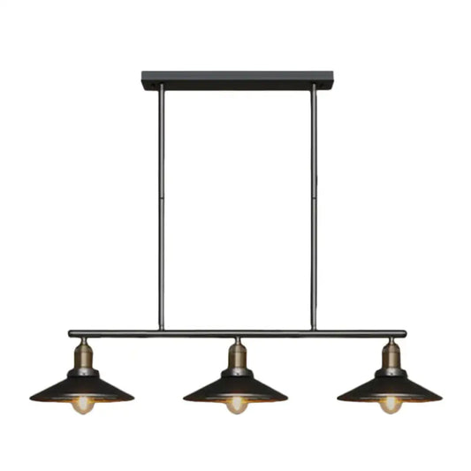 Industrial black metal island pendant with cone shade and three vintage edison bulbs for dining room lighting