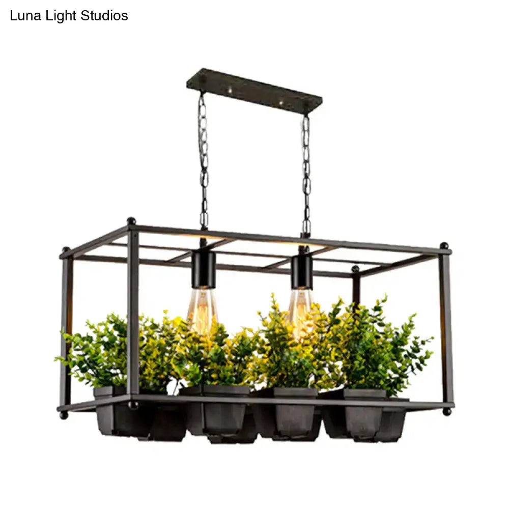 DecorBites™ industrial black metal rectangular hanging ceiling light with e26 e27 bulb base and six potted green plants