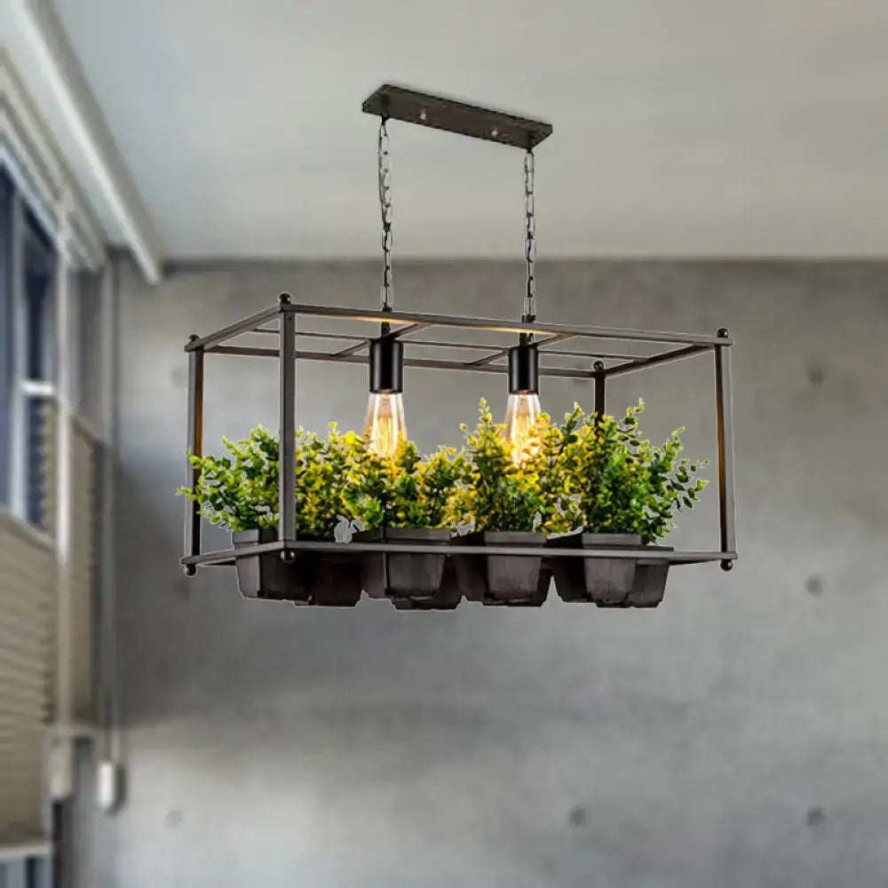 Industrial metal rectangular black hanging light fixture with two e26 e27 bulb base filament bulbs and green potted plants
