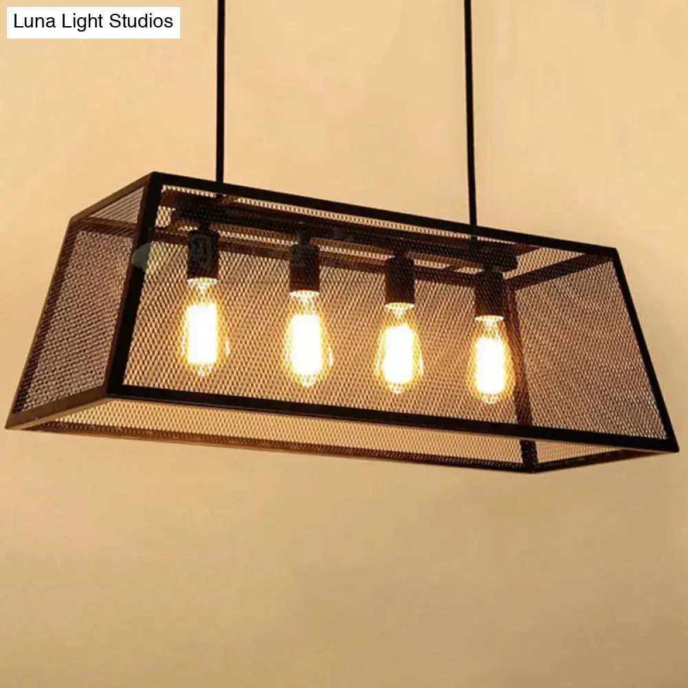 DecorBites™ industrial black metal pendant light fixture with four exposed Edison bulbs in rectangular mesh frame