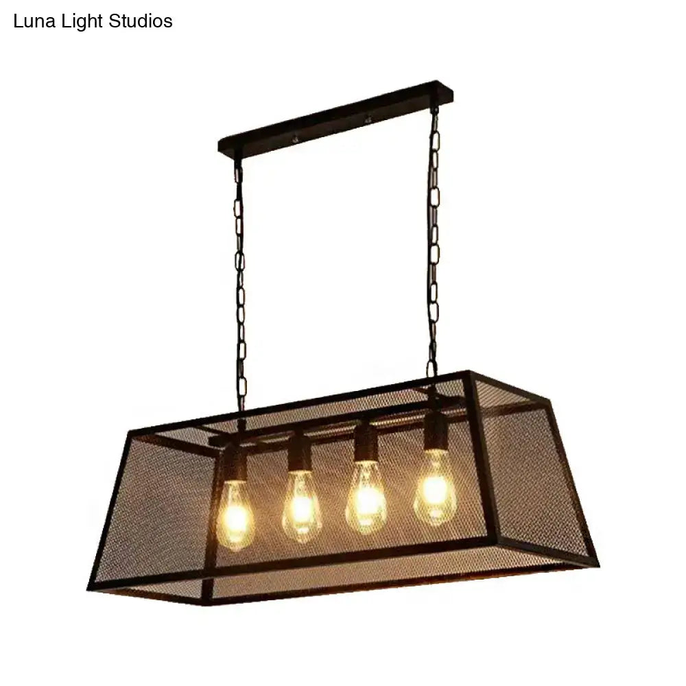 DecorBites industrial black metal pendant light fixture with mesh shade and four exposed Edison bulbs rectangular frame