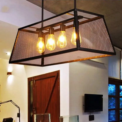 DecorBites™ industrial black metal pendant light fixture with four glowing filament bulbs and rectangular mesh frame