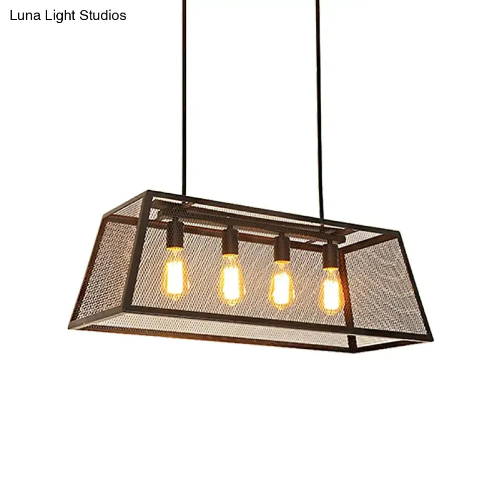 DecorBites industrial black metal pendant light fixture with rectangular frame and four exposed Edison bulbs
