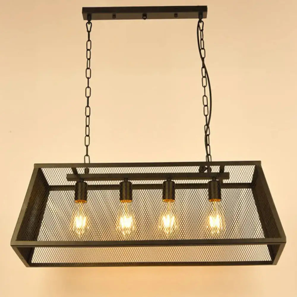 Decorbites industrial black metal pendant light fixture with four exposed edison bulbs and mesh screen rectangular frame