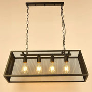 Decorbites industrial black metal pendant light fixture with four exposed edison bulbs and mesh screen rectangular frame