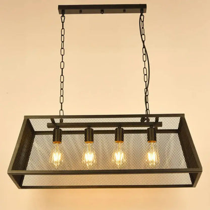 Decorbites industrial black metal pendant light fixture with four exposed edison bulbs and mesh screen rectangular frame