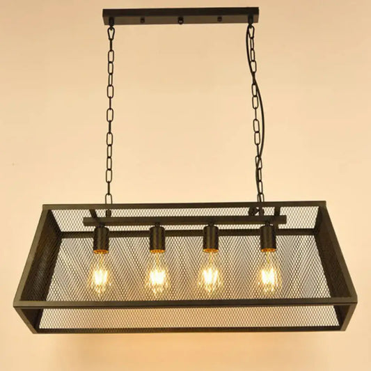 Decorbites industrial black metal pendant light fixture with four exposed edison bulbs and mesh screen rectangular frame