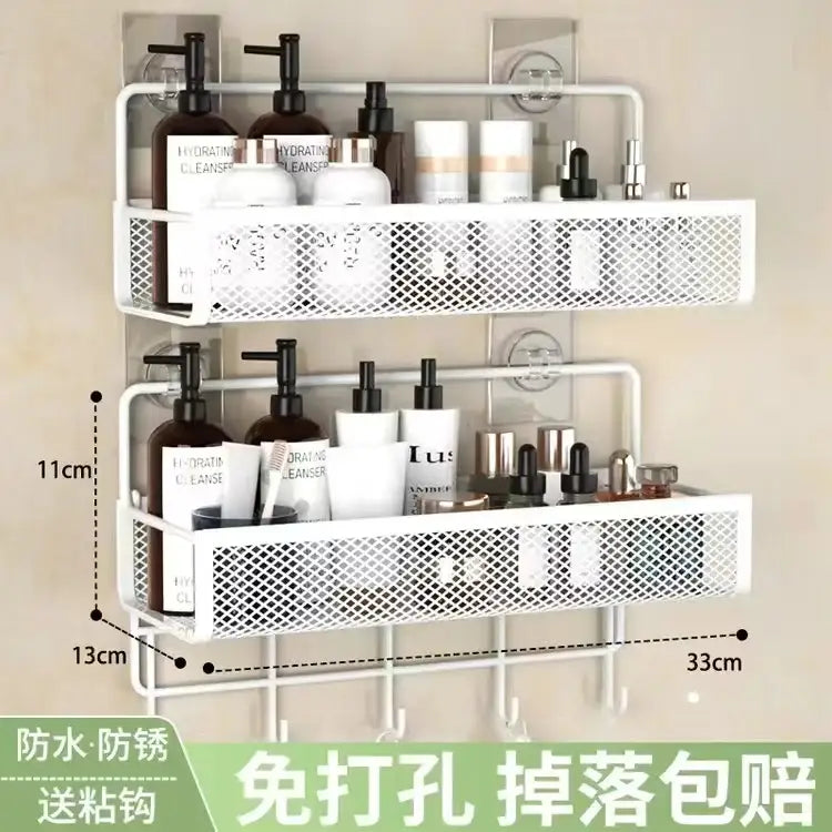 White mesh two-tier wall shelf organizer with suction cups and hooks for versatile kitchen storage solutions