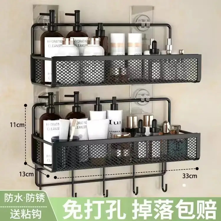 Industrial black metal mesh two tier wall shelf organizer with suction cups and hooks for kitchen storage