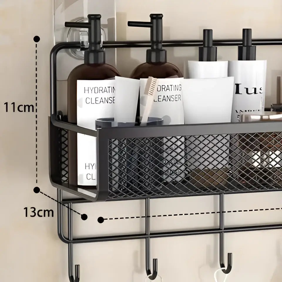 Industrial black metal mesh two tier wall shelf organizer with hooks and suction cup attachment for kitchen use