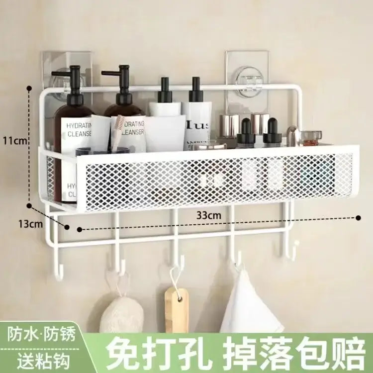 White metal mesh wall shelf organizer with hooks for bathroom organization in an industrial style design