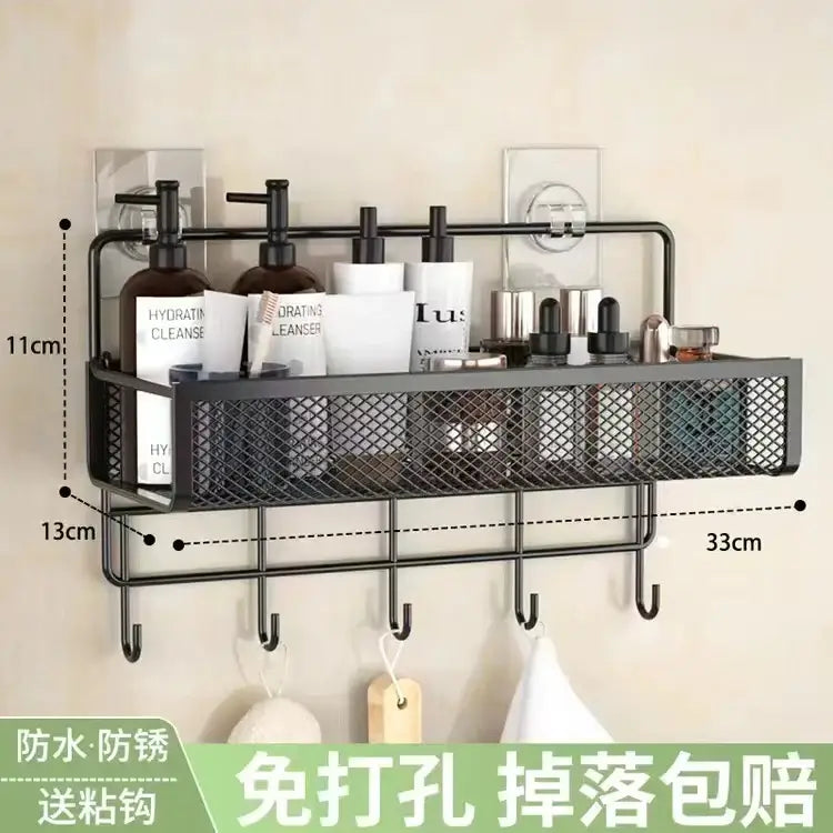 Black metal mesh two tier wall shelf organizer with hooks for bathroom and kitchen organization wall shelf organizer