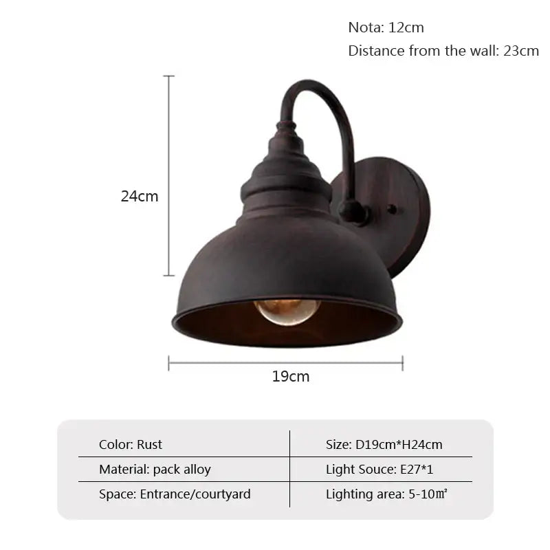 Rust-colored industrial led outdoor wall lamp with matte pack alloy finish and curved arm by decorbites industrial led