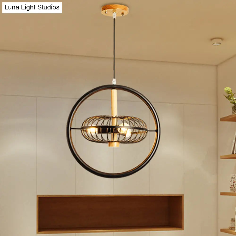 Industrial Black Metal Pendant Chandelier with 3 Caged Lights for Dining Room
