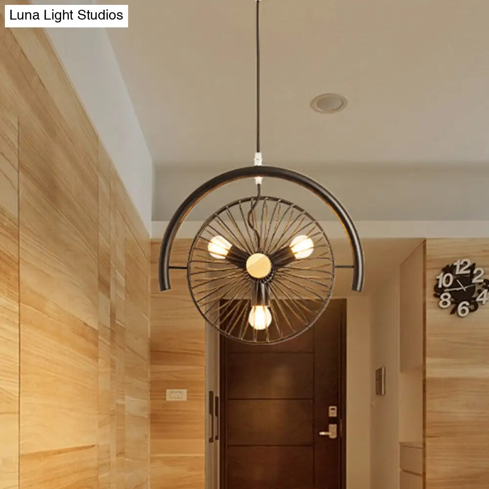 Industrial Black Metal Pendant Chandelier with 3 Caged Lights for Dining Room