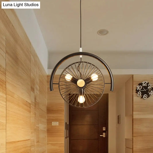 Industrial Black Metal Pendant Chandelier with 3 Caged Lights for Dining Room