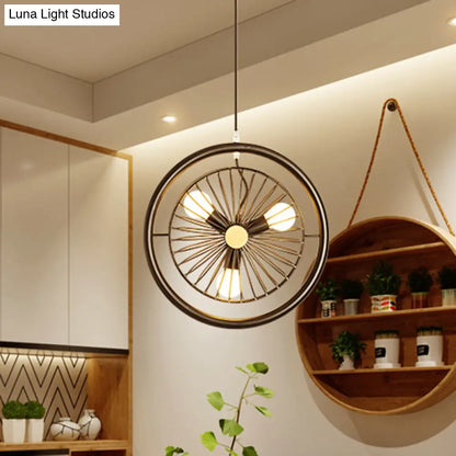 Industrial Black Metal Pendant Chandelier with 3 Caged Lights for Dining Room