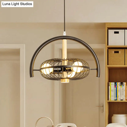 Industrial Black Metal Pendant Chandelier with 3 Caged Lights for Dining Room