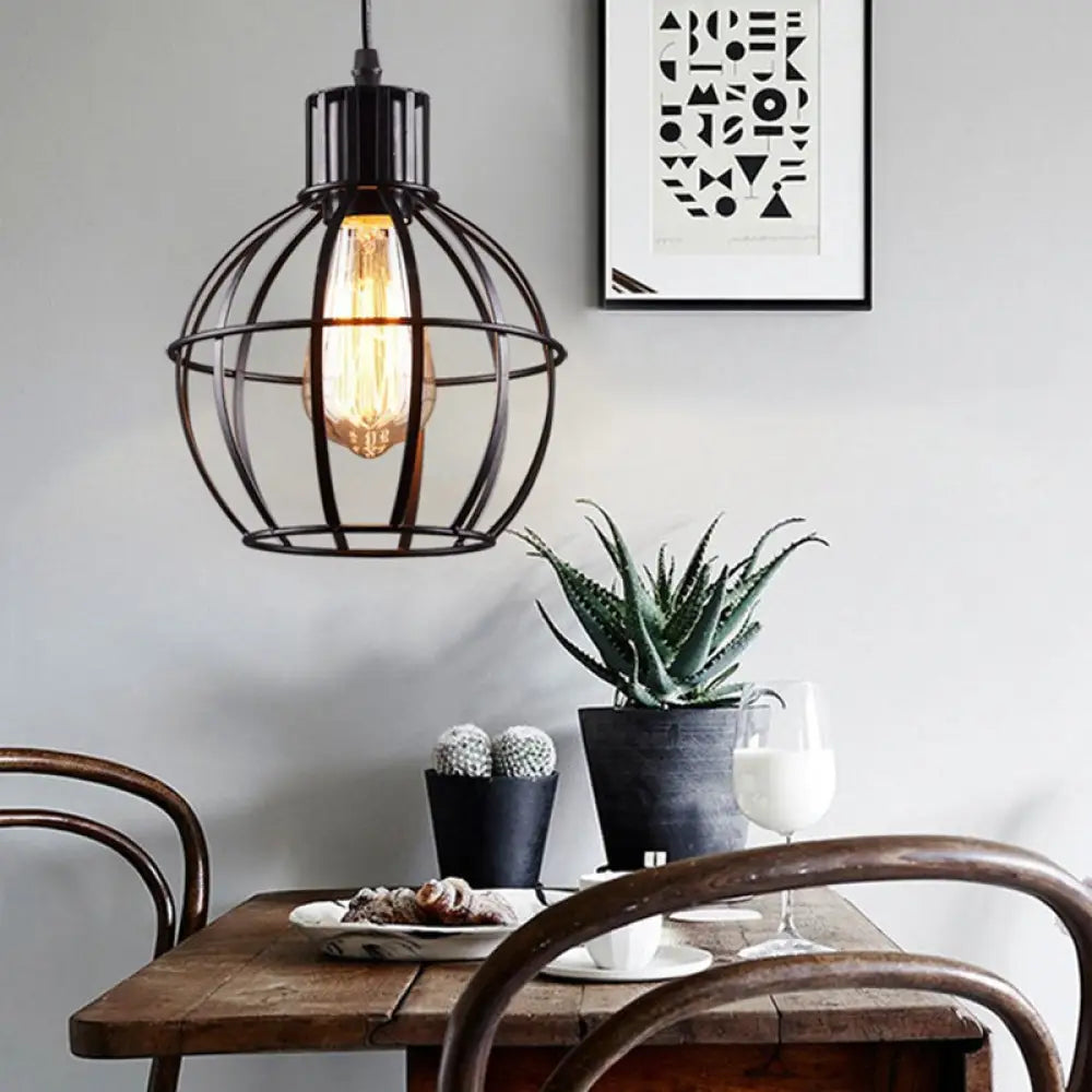 Industrial Black Metal Pendant Light with Cage Shade - Ideal for Restaurants