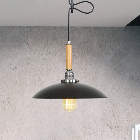 Industrial Black Metal Pendant Light with Hanging Cord - Shallow Round Design in Wood