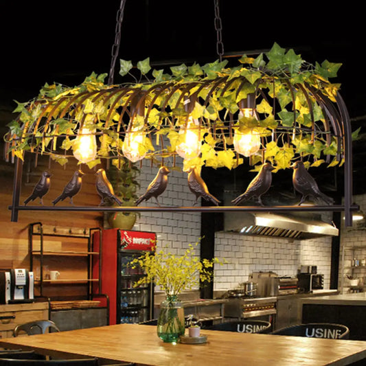 DecorBites™ Industrial Black Metal Pendant Lighting: 4-Light Caged Island Design for Dining Room with Bird Accent