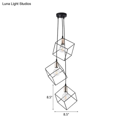 Industrial Black Metal Pendant Lighting: Square Suspension Light with 3 Lights for Foyer