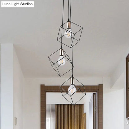 Industrial Black Metal Pendant Lighting: Square Suspension Light with 3 Lights for Foyer