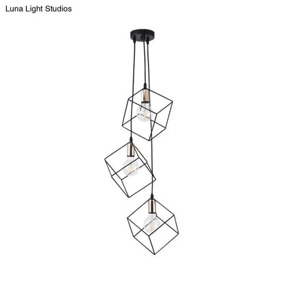 Industrial Black Metal Pendant Lighting: Square Suspension Light with 3 Lights for Foyer