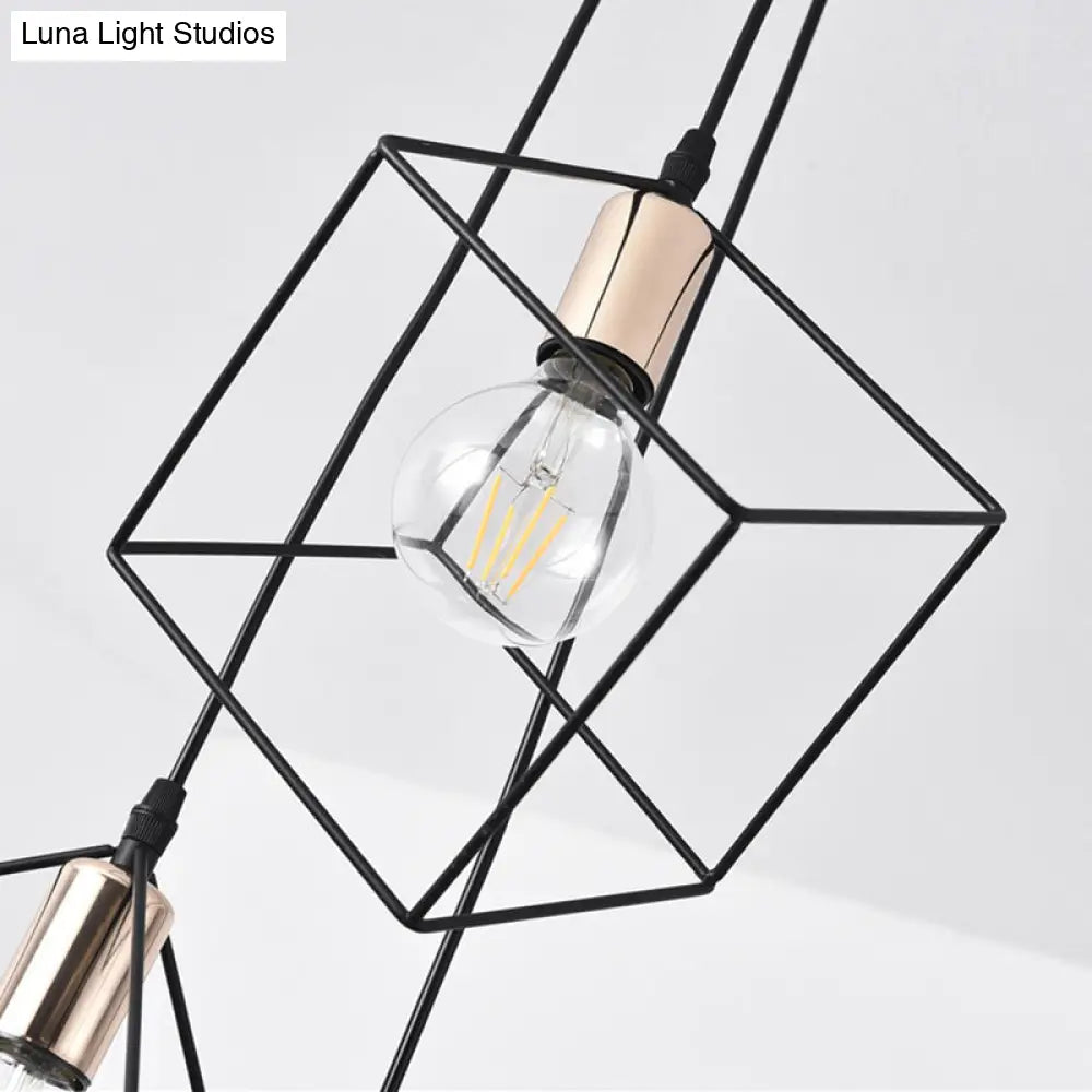 Industrial Black Metal Pendant Lighting: Square Suspension Light with 3 Lights for Foyer