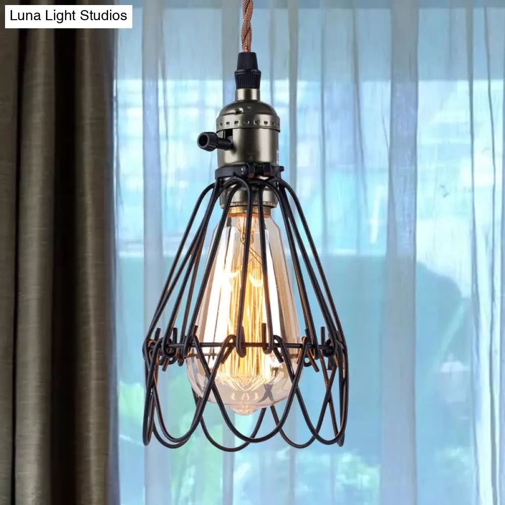 Industrial Black Metal Pendant Lighting with Open Cage Design - Rustic 1 Bulb Hanging Light for Living Room