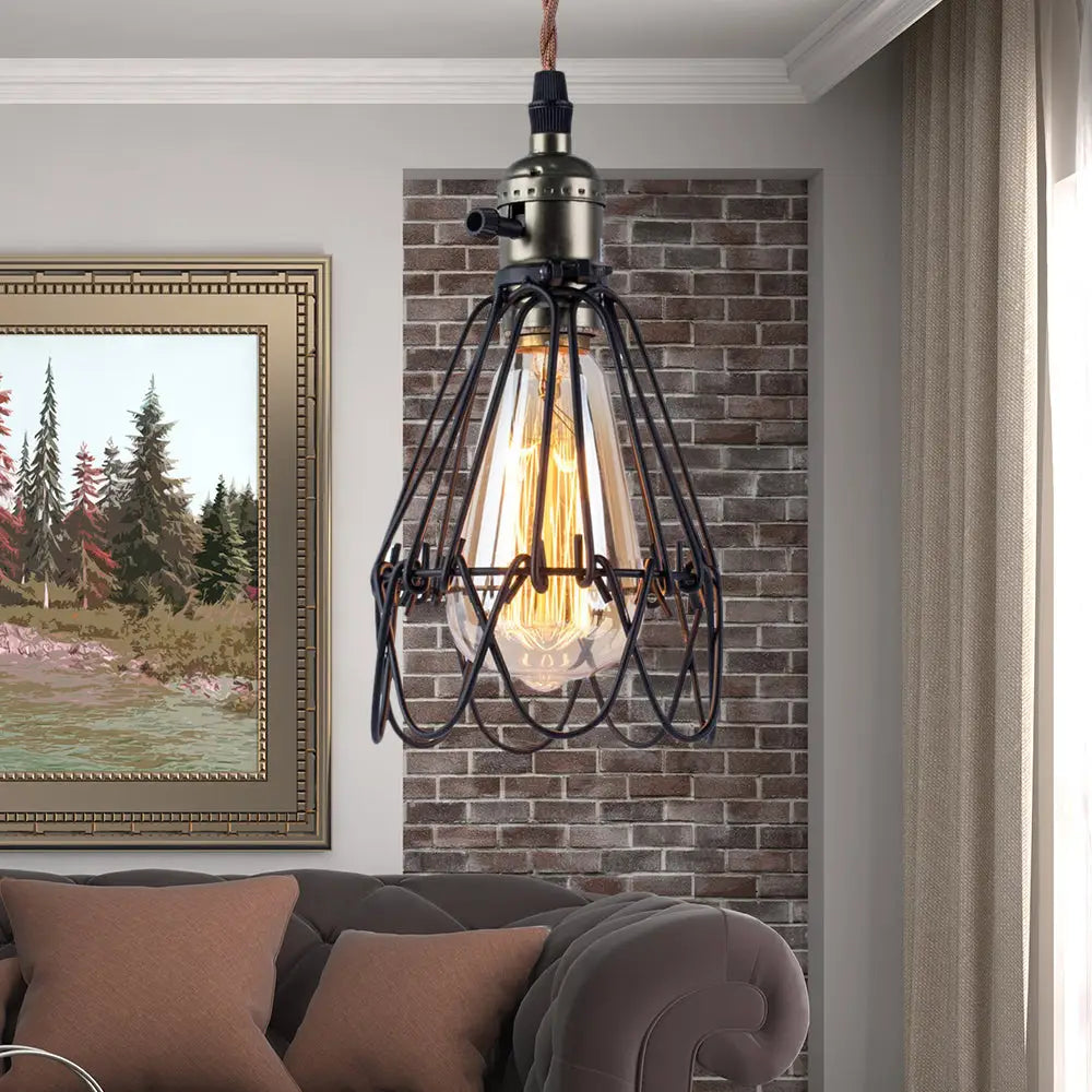 Industrial Black Metal Pendant Lighting with Open Cage Design - Rustic 1 Bulb Hanging Light for Living Room