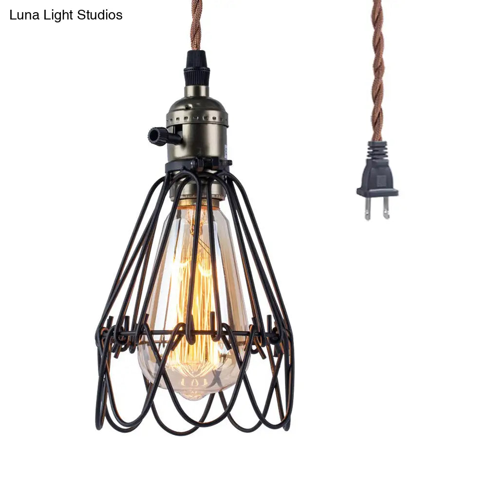 Industrial Black Metal Pendant Lighting with Open Cage Design - Rustic 1 Bulb Hanging Light for Living Room