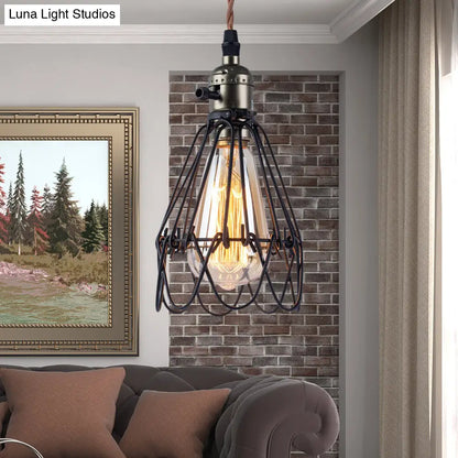 Industrial Black Metal Pendant Lighting with Open Cage Design - Rustic 1 Bulb Hanging Light for Living Room