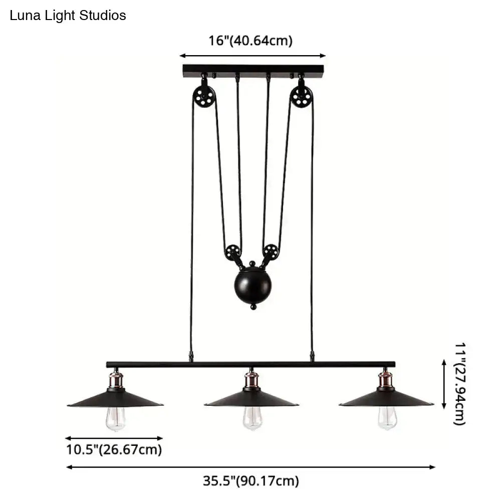 Industrial black metal pulley pendant light with three exposed bulbs designed for kitchen island pendant lighting