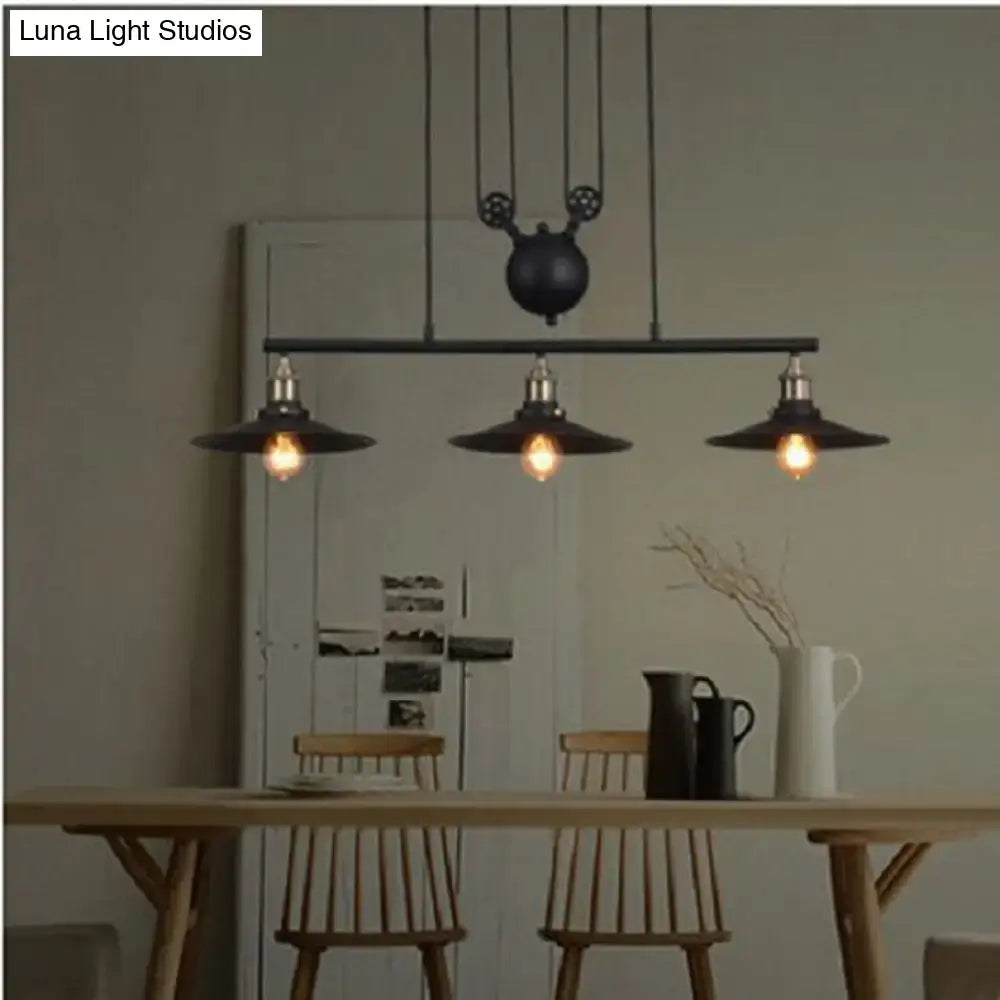 Industrial black metal pulley pendant light with three hanging lampshades and mickey mouse head design for kitchen island