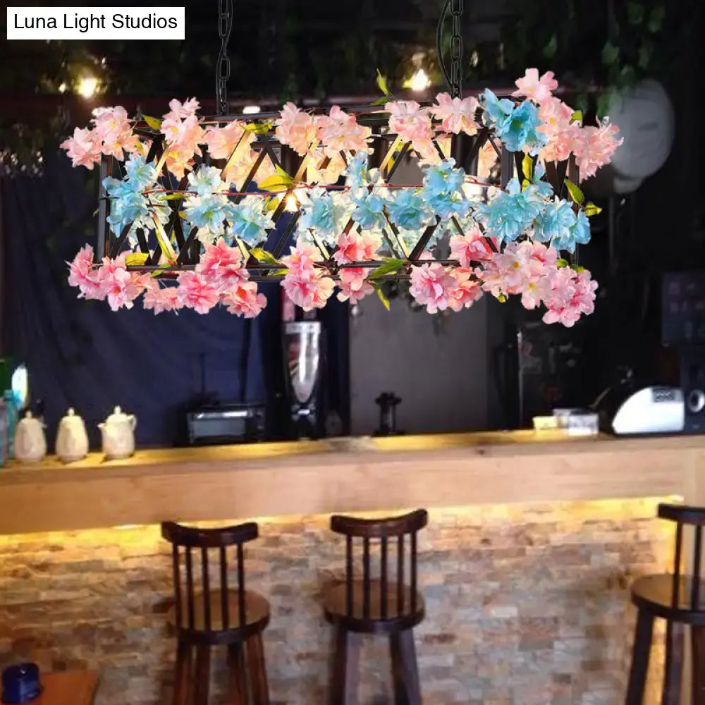 DecorBites black metal island light with industrial rectangle frame and pink blue artificial flower decor 220v-240v 110v-120v