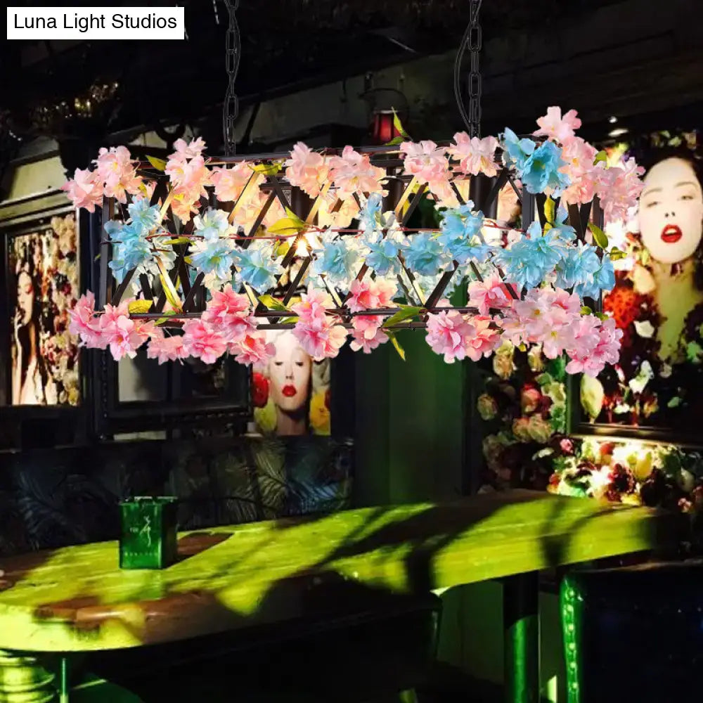 Decorbites™ black metal industrial rectangle island light fixture with 5 led bulbs and pink blue flower decor suspended by chain