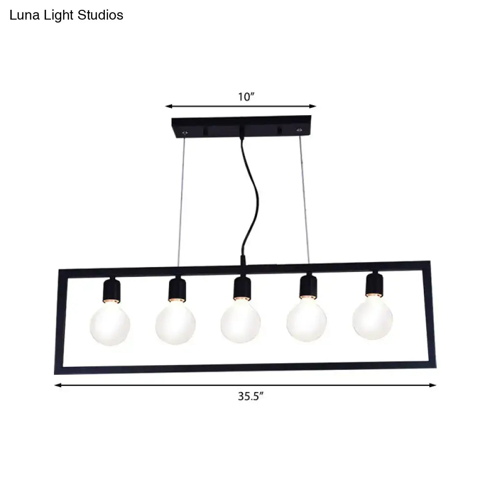 DecorBites™ industrial style rectangular pendant light with black metal frame and five exposed bulb sockets