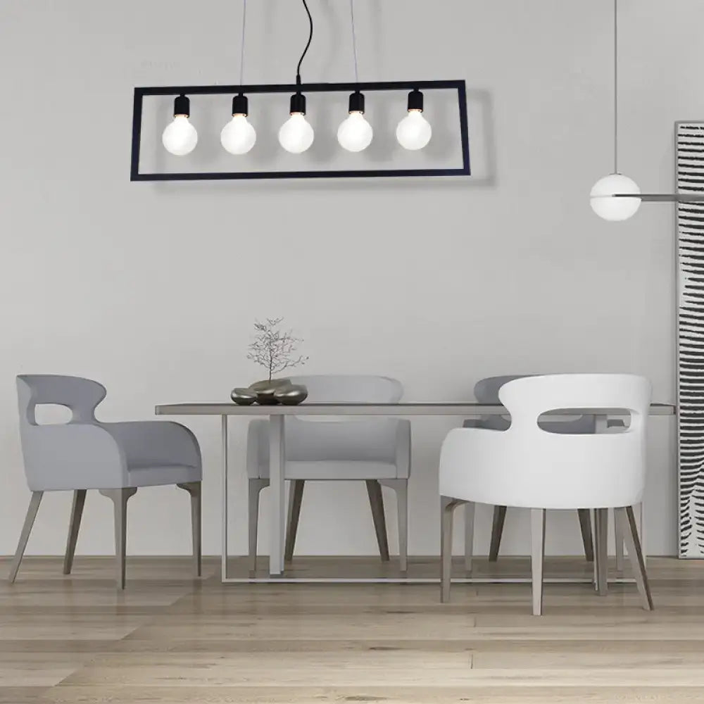 DecorBites™ industrial style rectangular pendant light with five exposed bulbs and black metal frame ceiling fixture