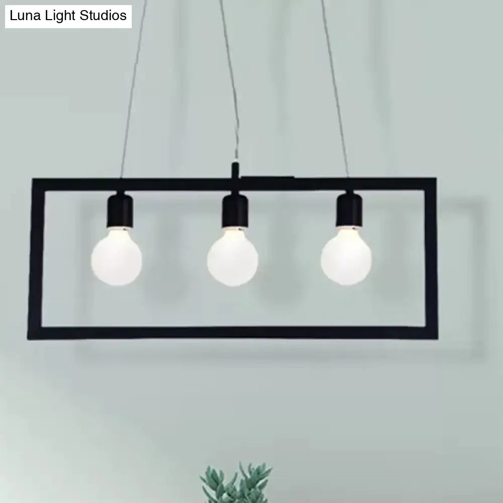 Decorbites™ industrial style rectangular pendant light with black metal frame and three exposed bulb sockets ceiling fixture