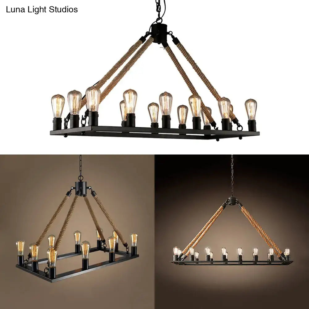 Decorbites modern rectangle hanging lamp with 10 lights black metal and thick rope rope island lighting design