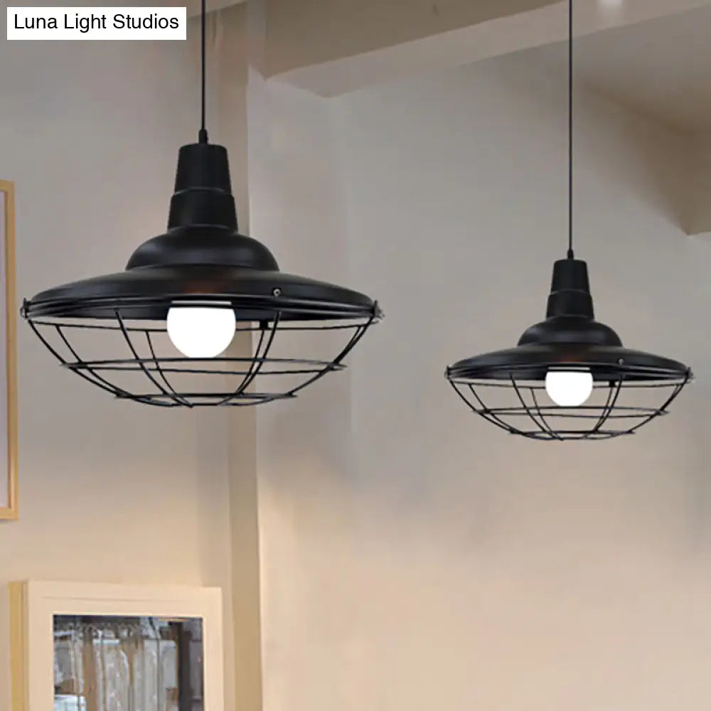 Industrial Black Metal Saucer Pendant Light for Restaurants - 1 Head with Cage Shade Ceiling Fixture