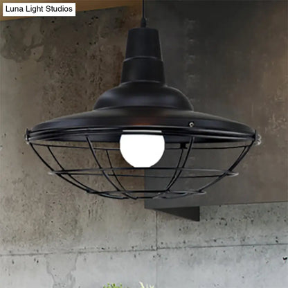 Industrial Black Metal Saucer Pendant Light for Restaurants - 1 Head with Cage Shade Ceiling Fixture