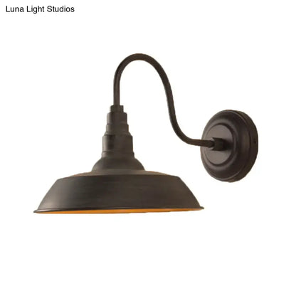 Dark bronze farmhouse-style decorbites™ industrial iron wall light with curved arm and wide metal shade for led incandescent fluorescent bulbs